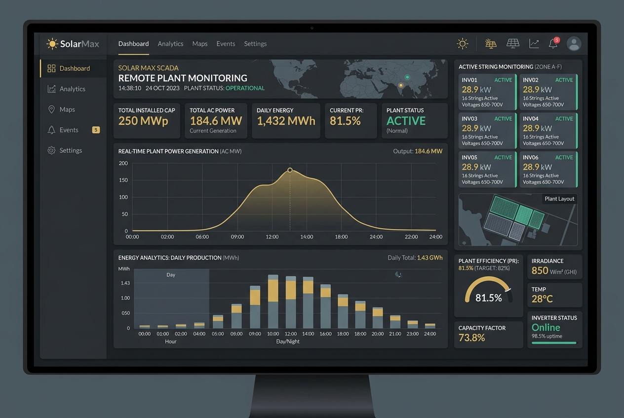 Sleek remote monitoring SCADA dashboard showing solar power plant metrics, power generation curves, and active strings